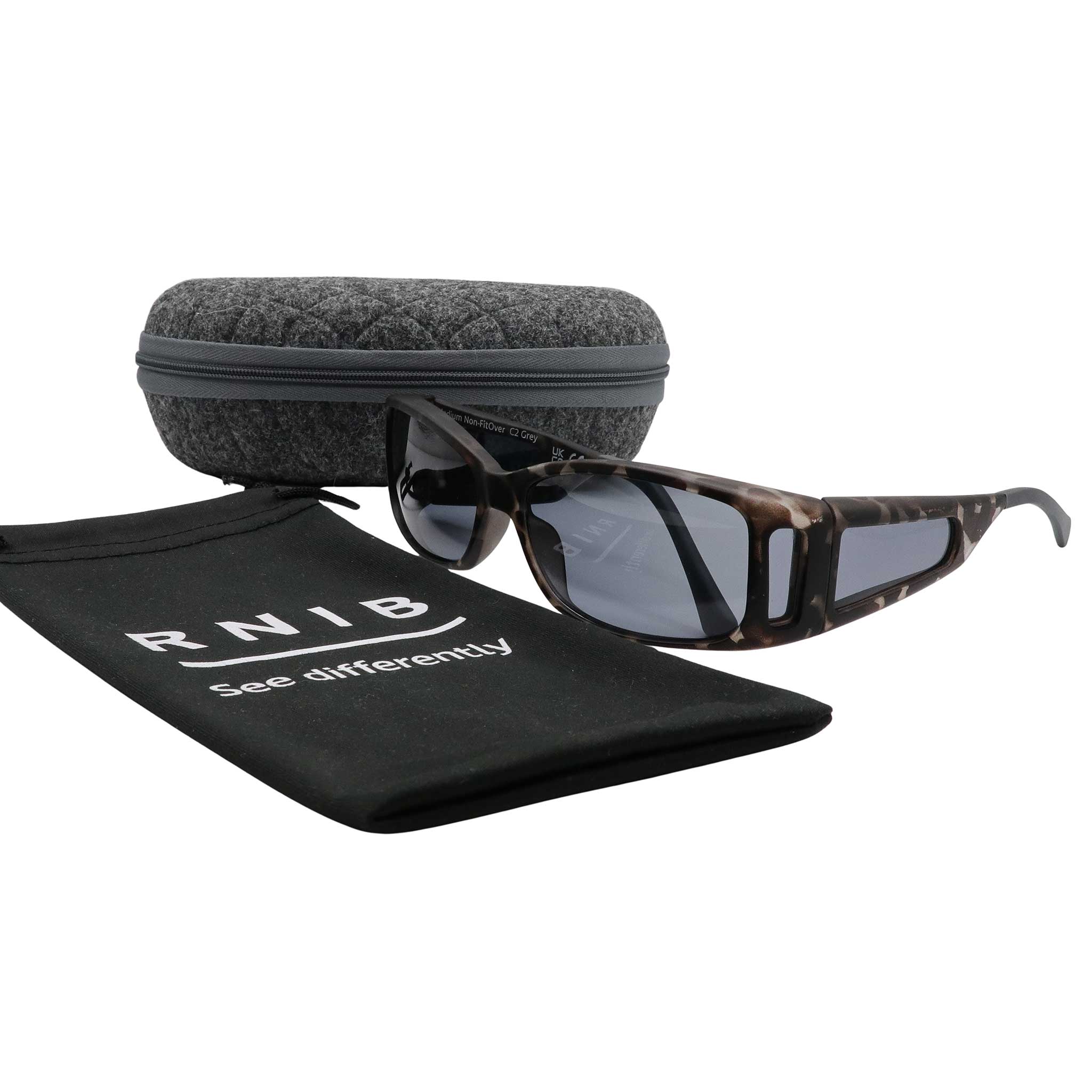 Eyeshiedls with grey lenses and a carrying case on a white background, featuring the RNIB logo.