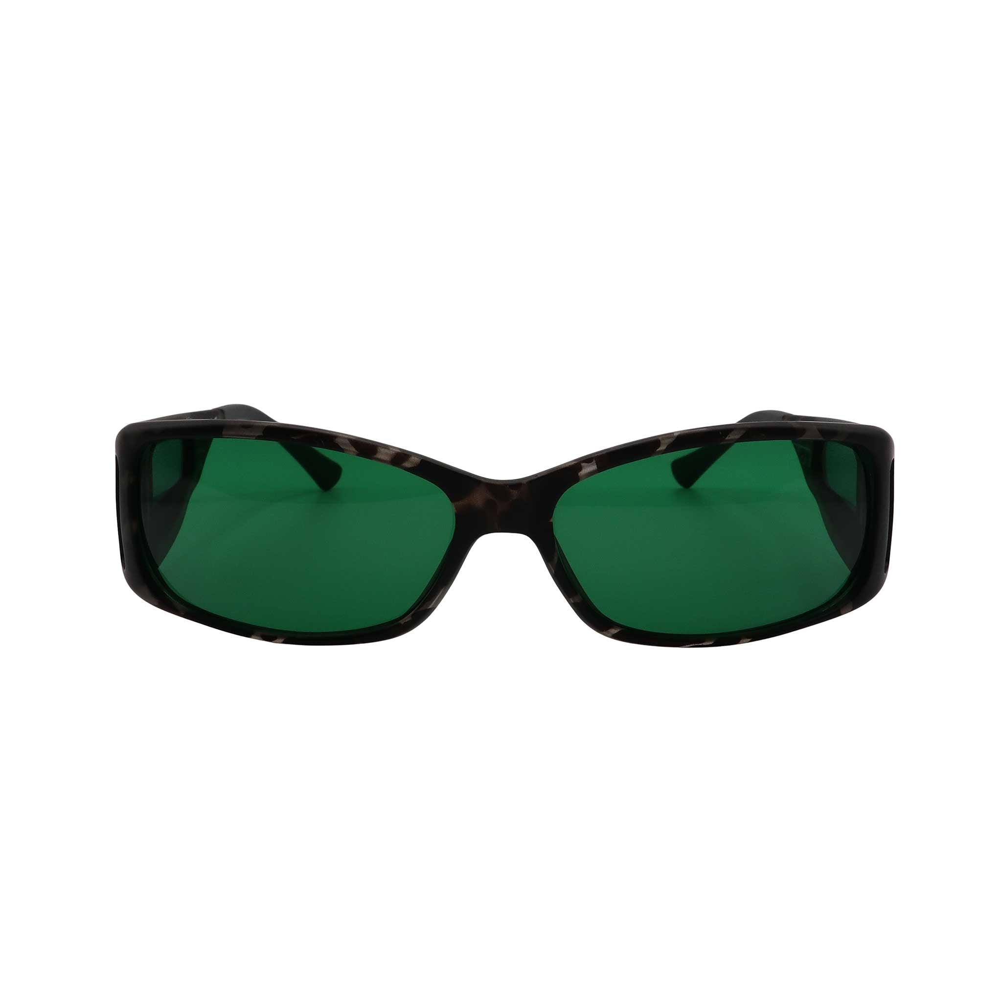 RNIB medium Eyeshield glasses with grey tortoiseshell frames and green tinted lenses.