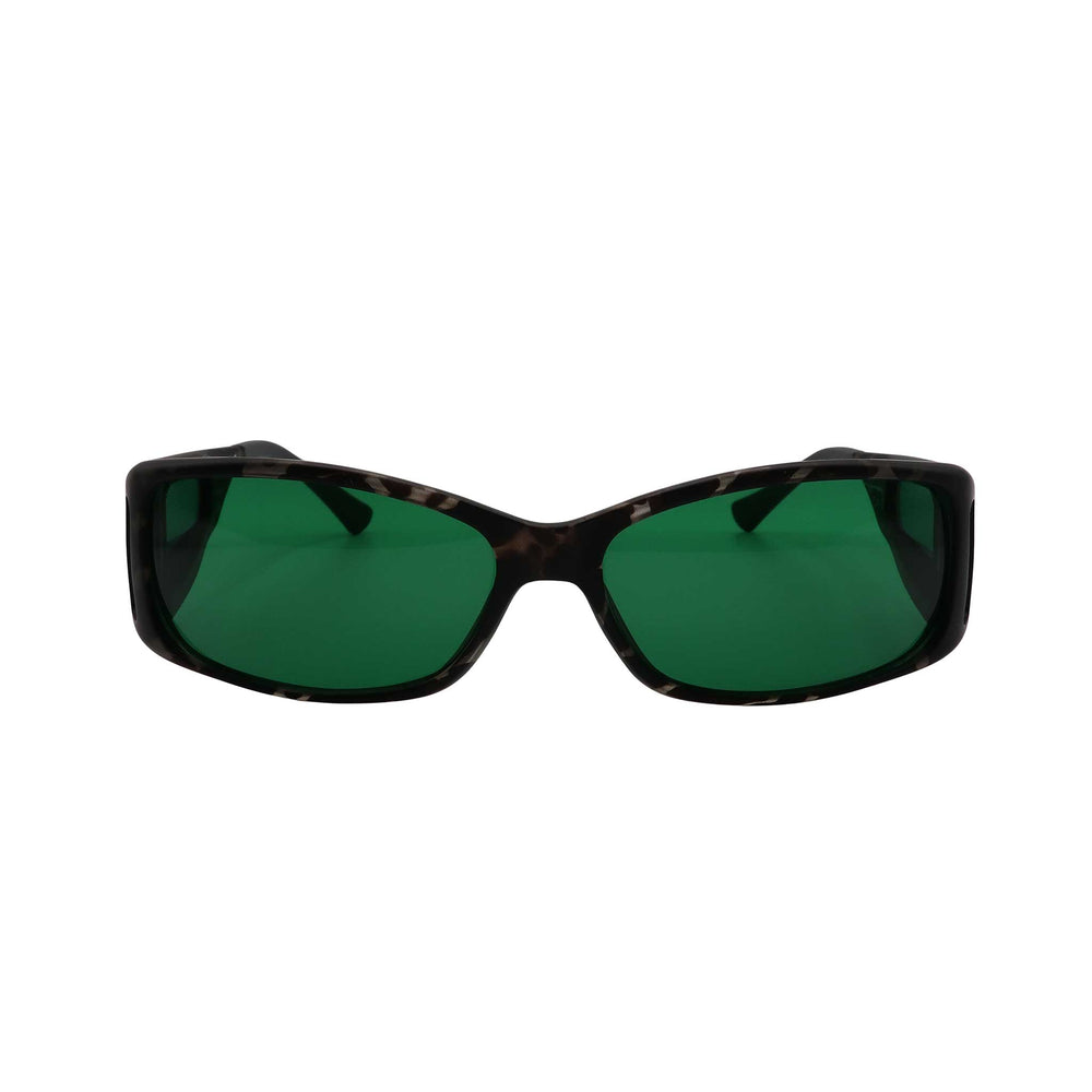 RNIB medium Eyeshield glasses with grey tortoiseshell frames and green tinted lenses.