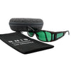 Eyeshiedls with green lenses and a carrying case on a white background, featuring the RNIB logo.