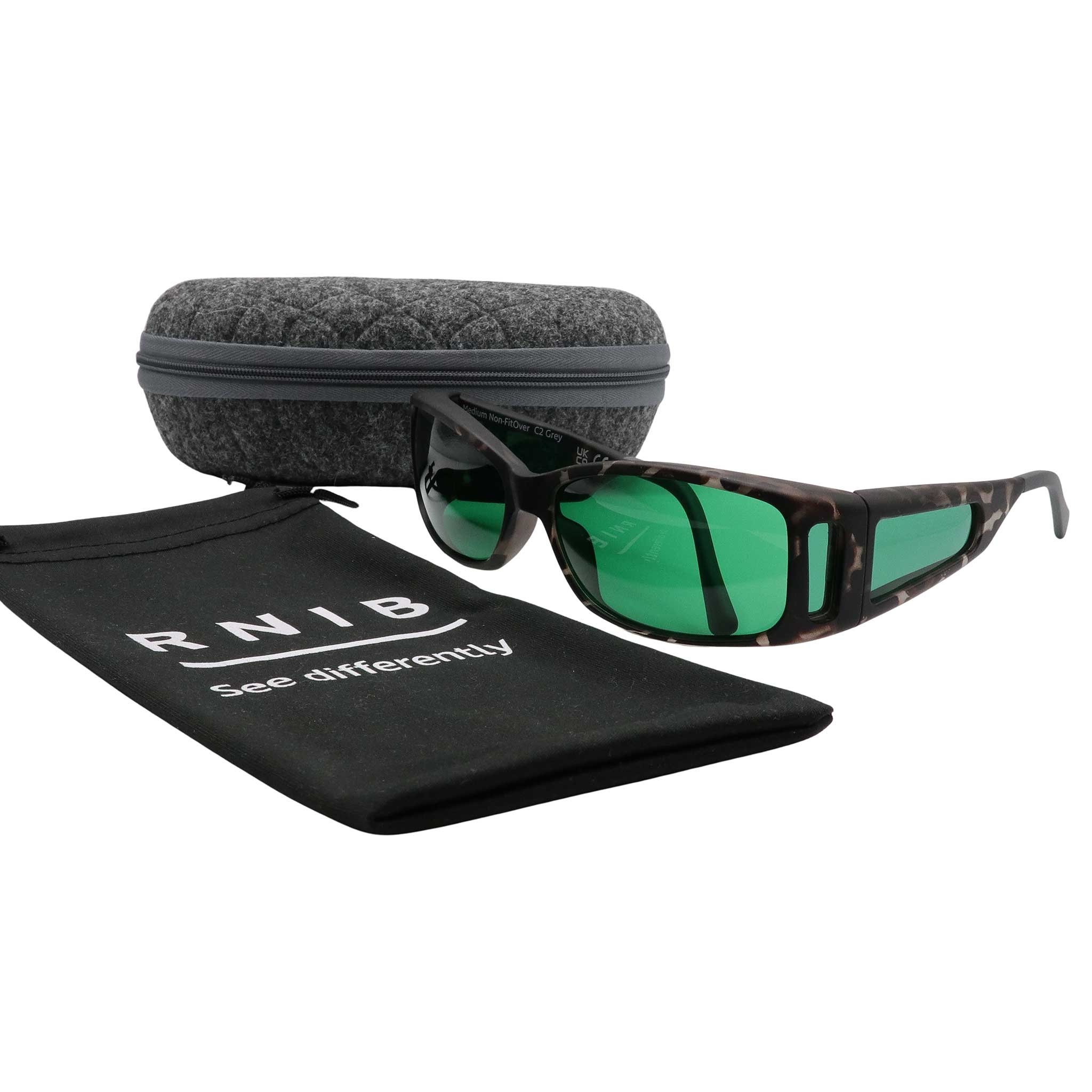 Eyeshiedls with green lenses and a carrying case on a white background, featuring the RNIB logo.