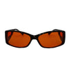 RNIB medium Eyeshield glasses with grey tortoiseshell frames and orange tinted lenses.