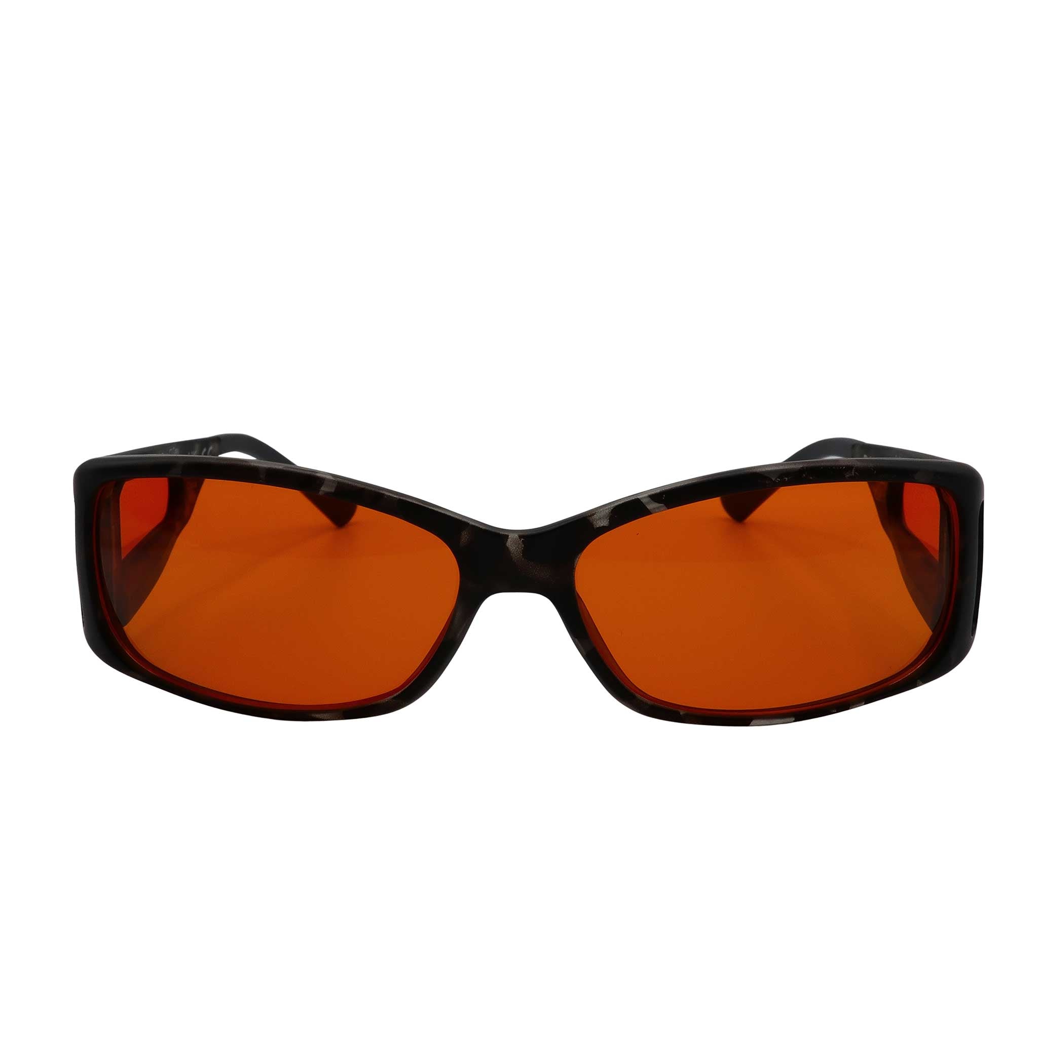 RNIB medium Eyeshield glasses with grey tortoiseshell frames and orange tinted lenses.
