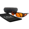 Eyeshiedls with orange lenses and a carrying case on a white background, featuring the RNIB logo.