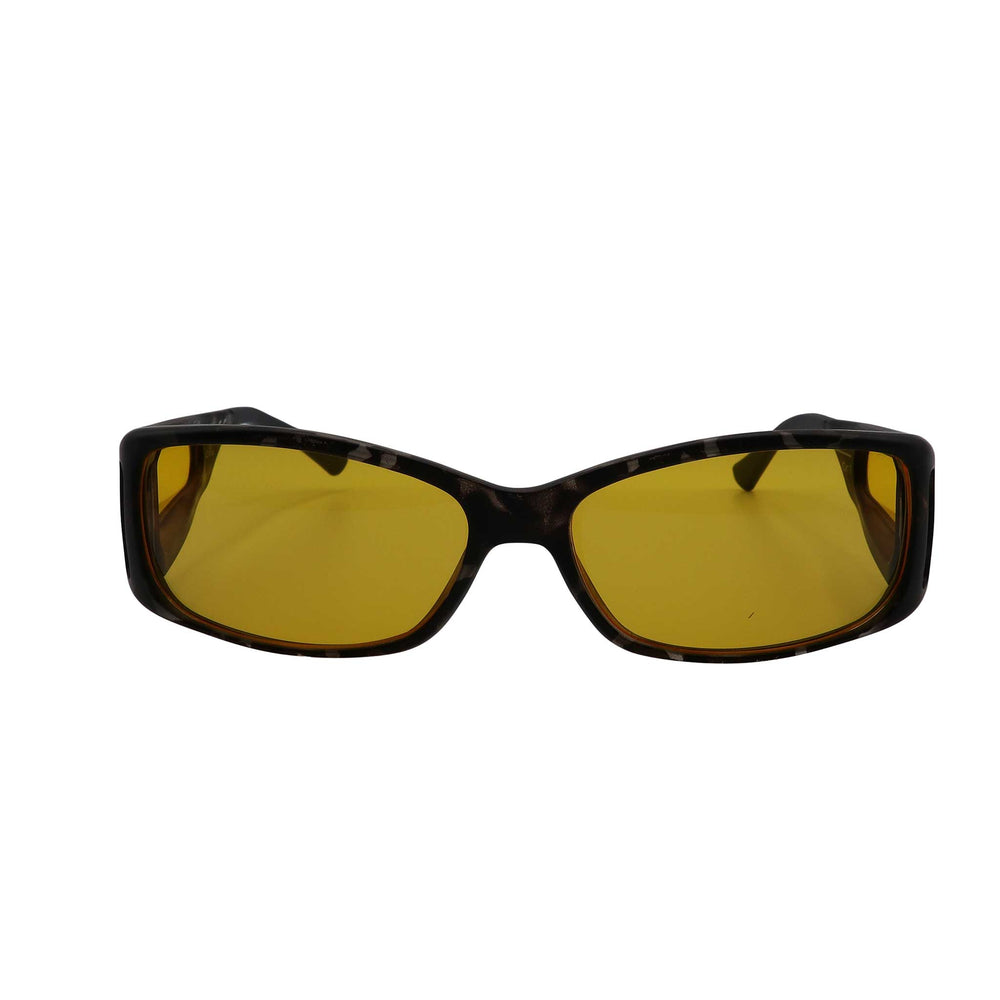 RNIB medium Eyeshield glasses with grey tortoiseshell frames and yellow tinted lenses.