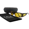 Eyeshiedls with yellow lenses and a carrying case on a white background, featuring the RNIB logo.