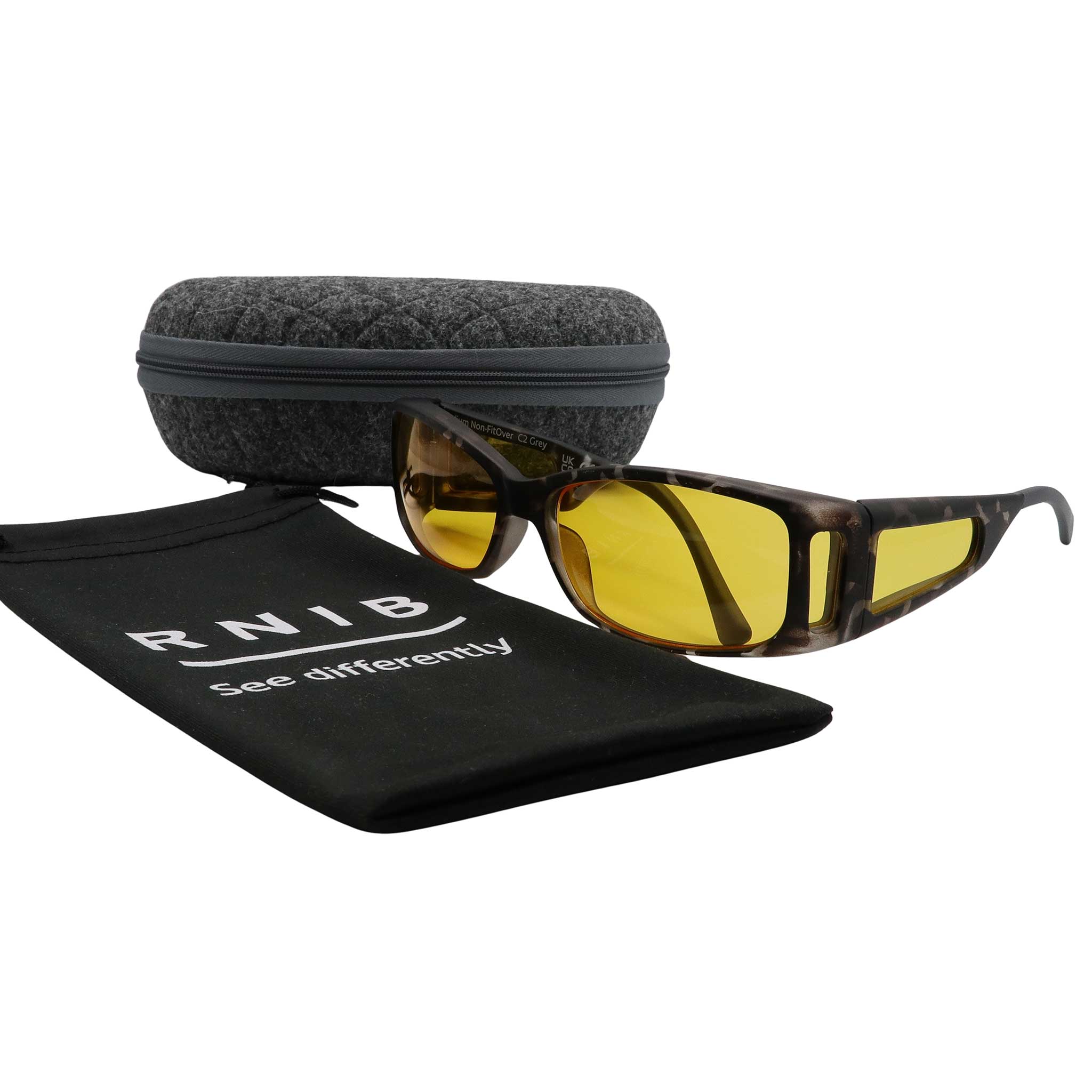 Eyeshiedls with yellow lenses and a carrying case on a white background, featuring the RNIB logo.