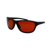 Side angled view of RNIB wraparound eyeshield glasses with black frames and amber tinted lenses.