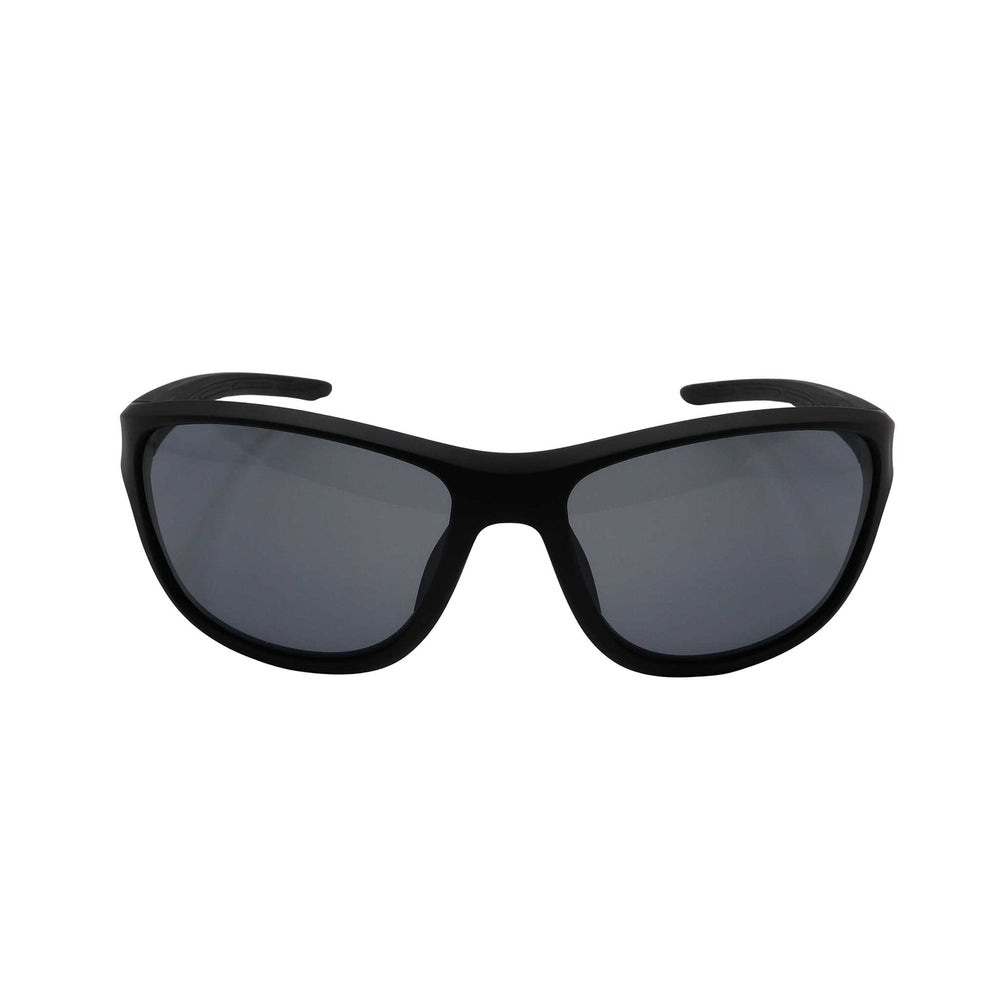 RNIB wraparound eyeshield glasses with black frames and grey tinted lenses.