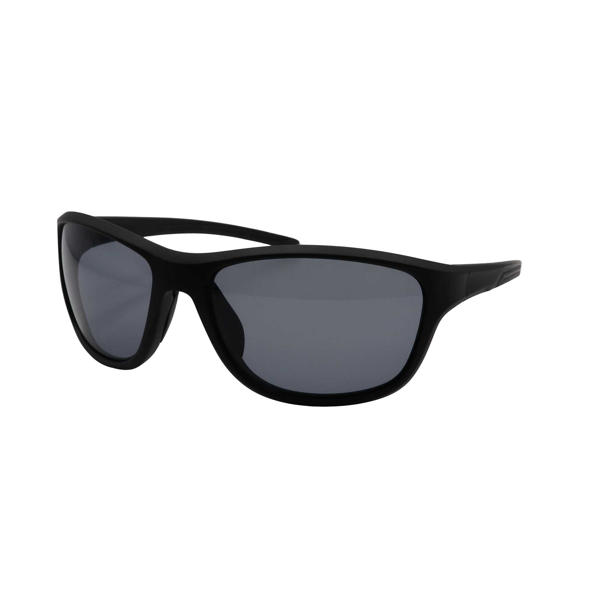 Side angled view of RNIB wraparound eyeshield glasses with black frames and grey tinted lenses.
