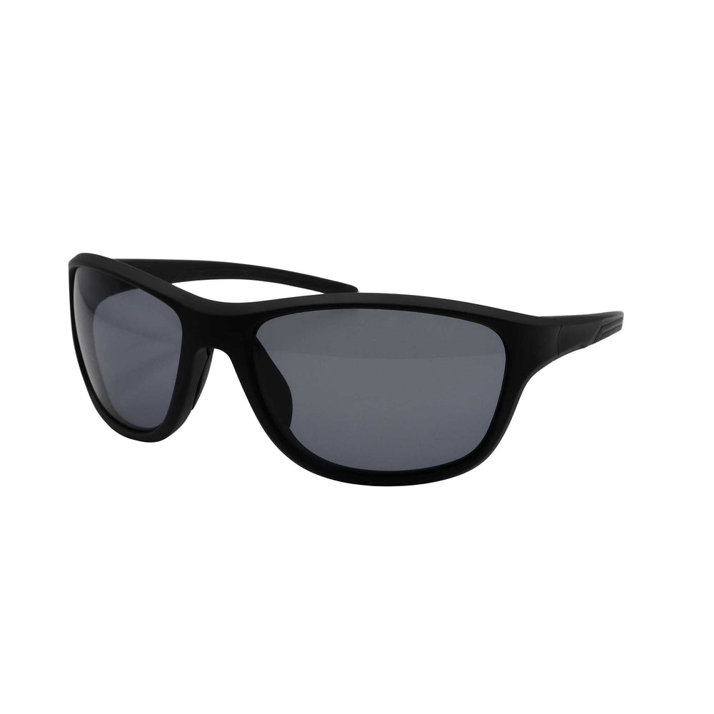 Side angled view of RNIB wraparound eyeshield glasses with black frames and grey tinted lenses.