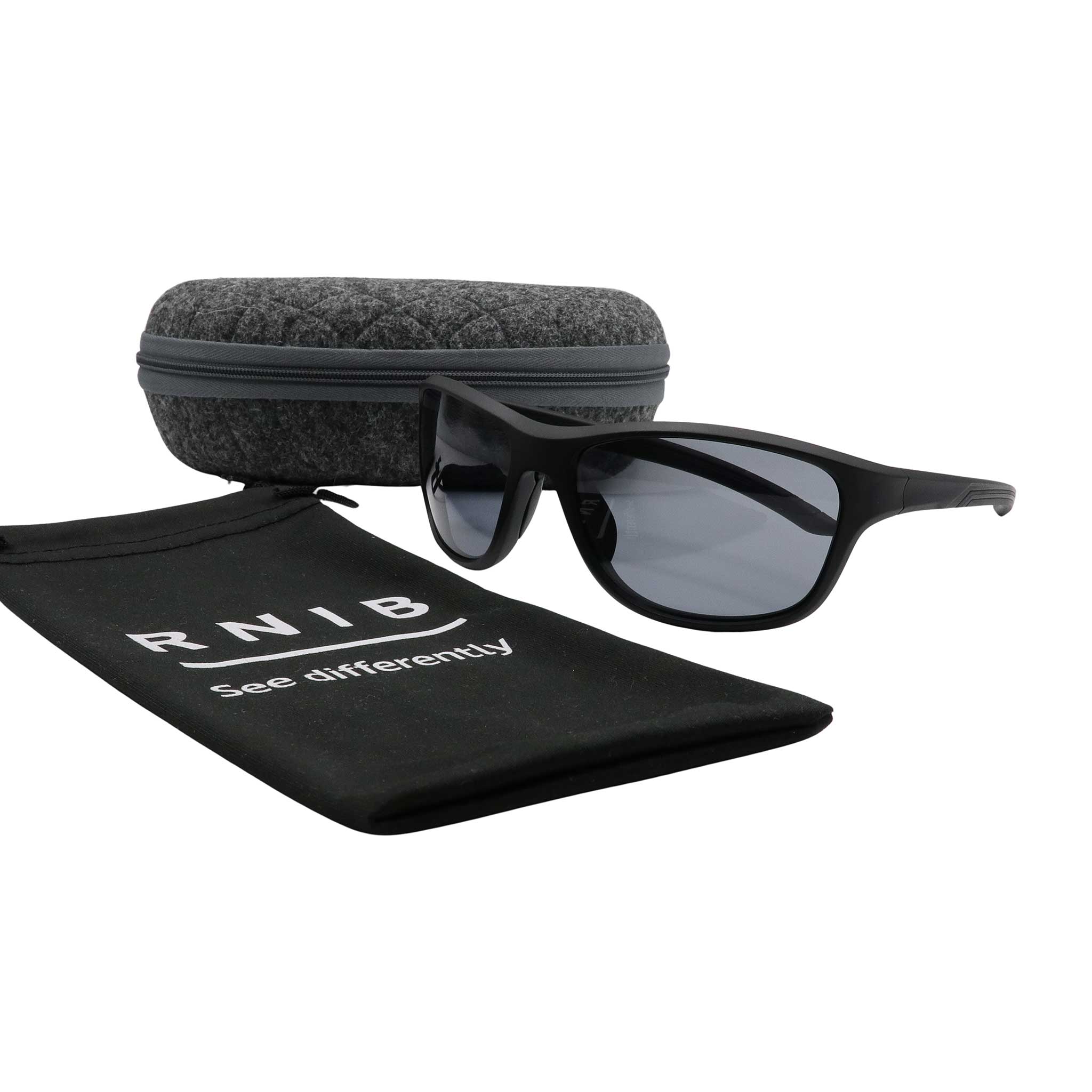 Eyeshiedls with grey lenses and a carrying case on a white background, featuring the RNIB logo.