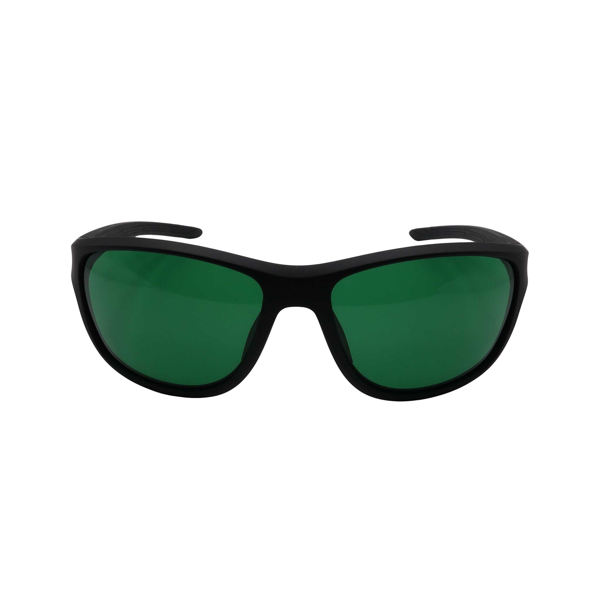 RNIB wraparound eyeshield glasses with black frames and green tinted lenses.
