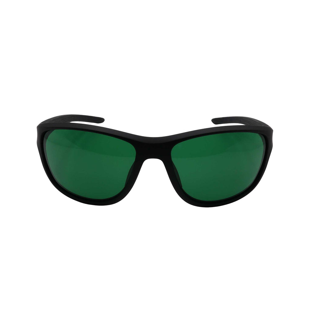 RNIB wraparound eyeshield glasses with black frames and green tinted lenses.