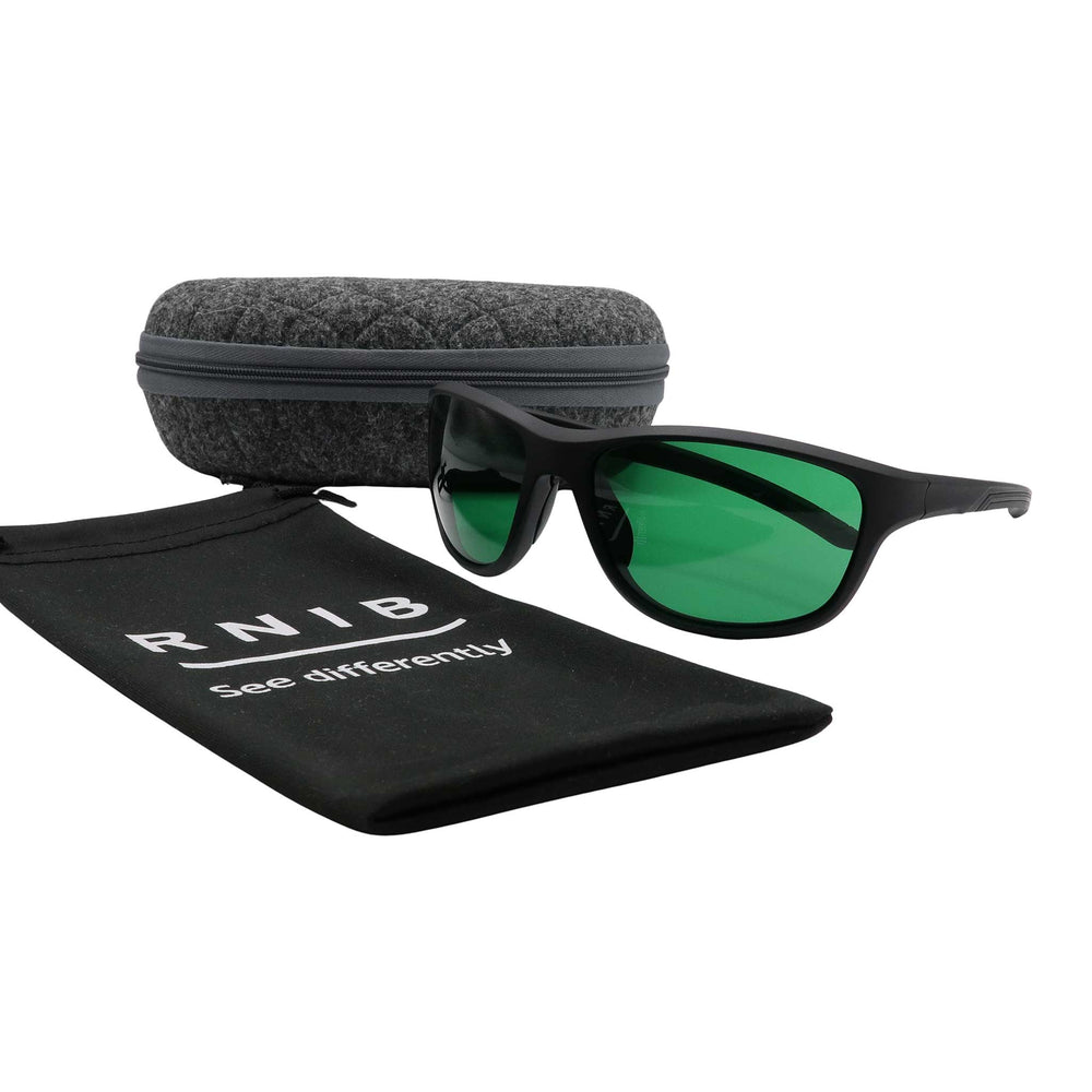 Eyeshiedls with green lenses and a carrying case on a white background, featuring the RNIB logo.