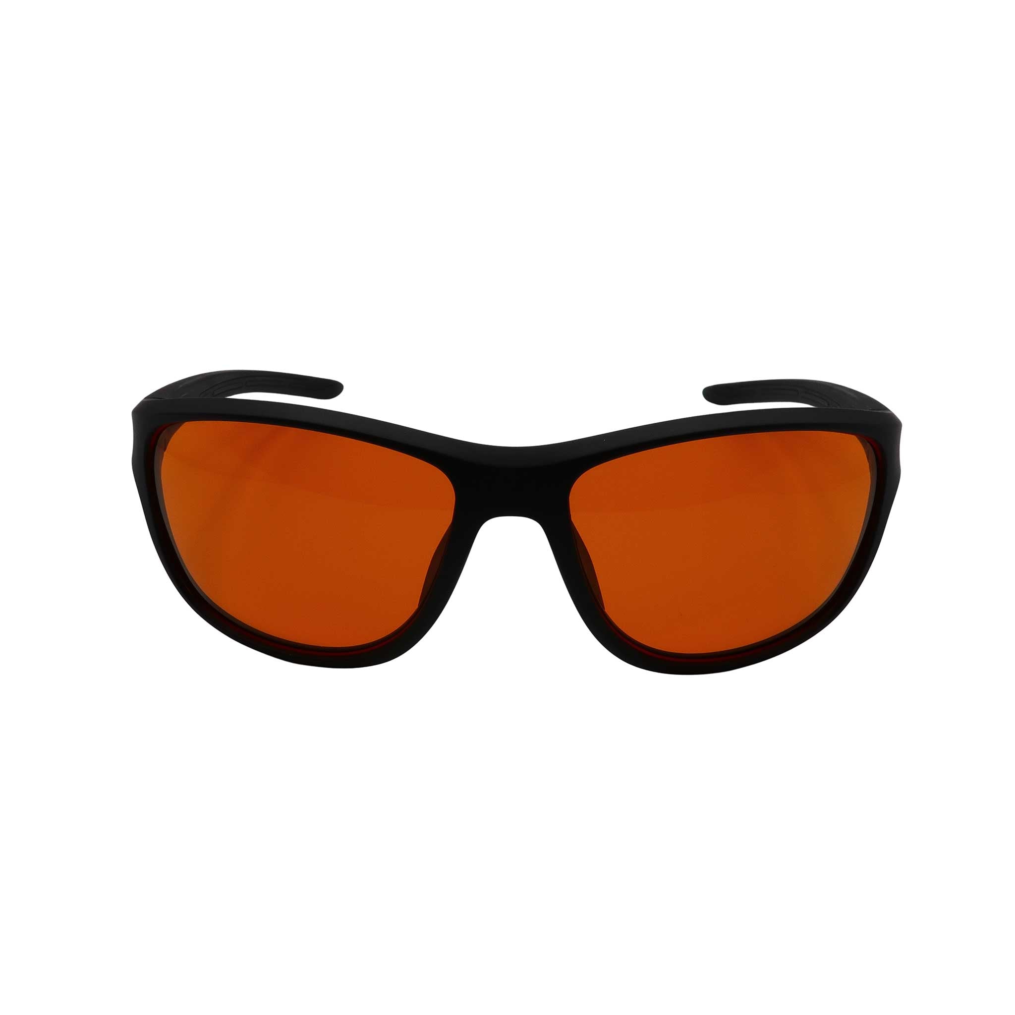 RNIB wraparound eyeshield glasses with black frames and orange tinted lenses.