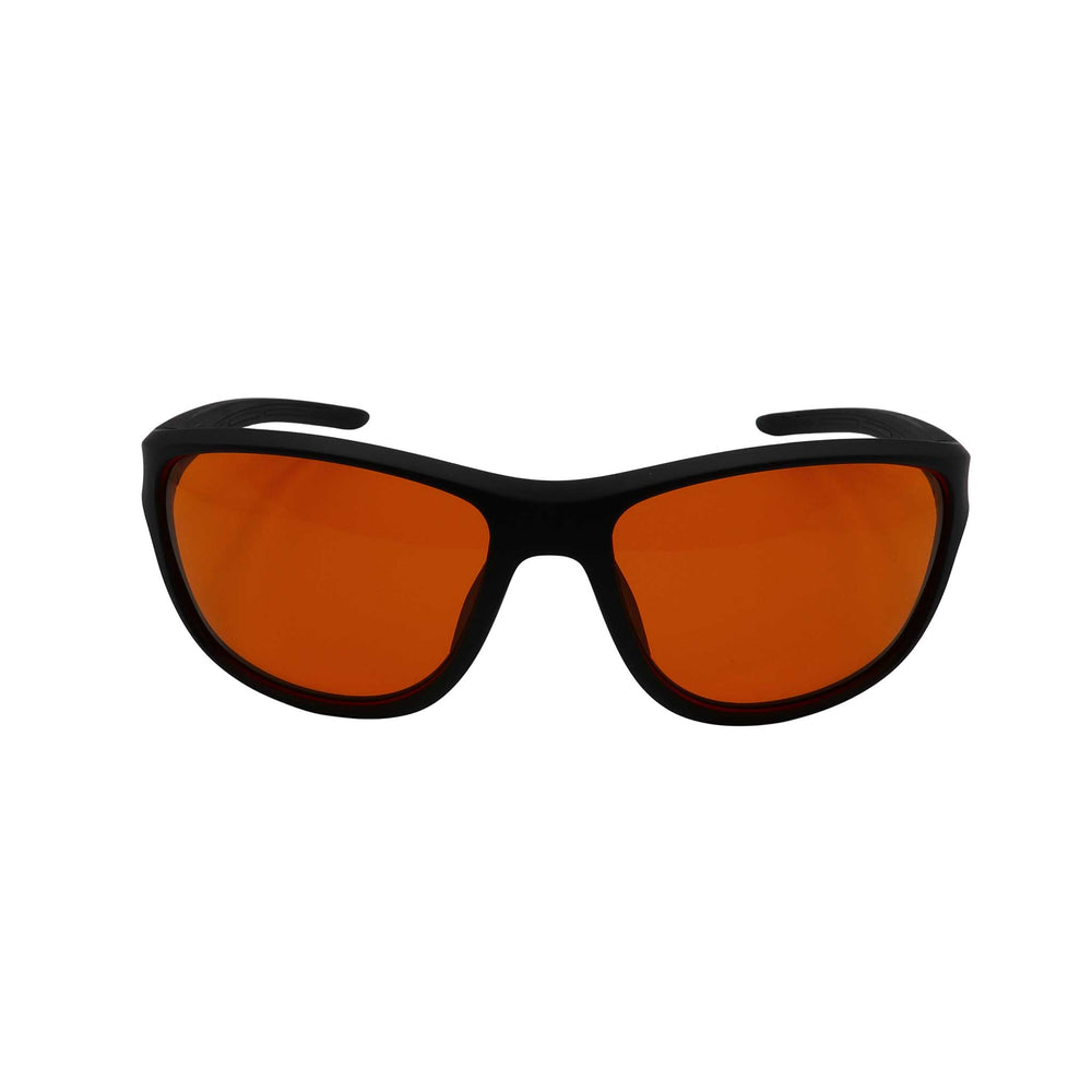 RNIB wraparound eyeshield glasses with black frames and orange tinted lenses.
