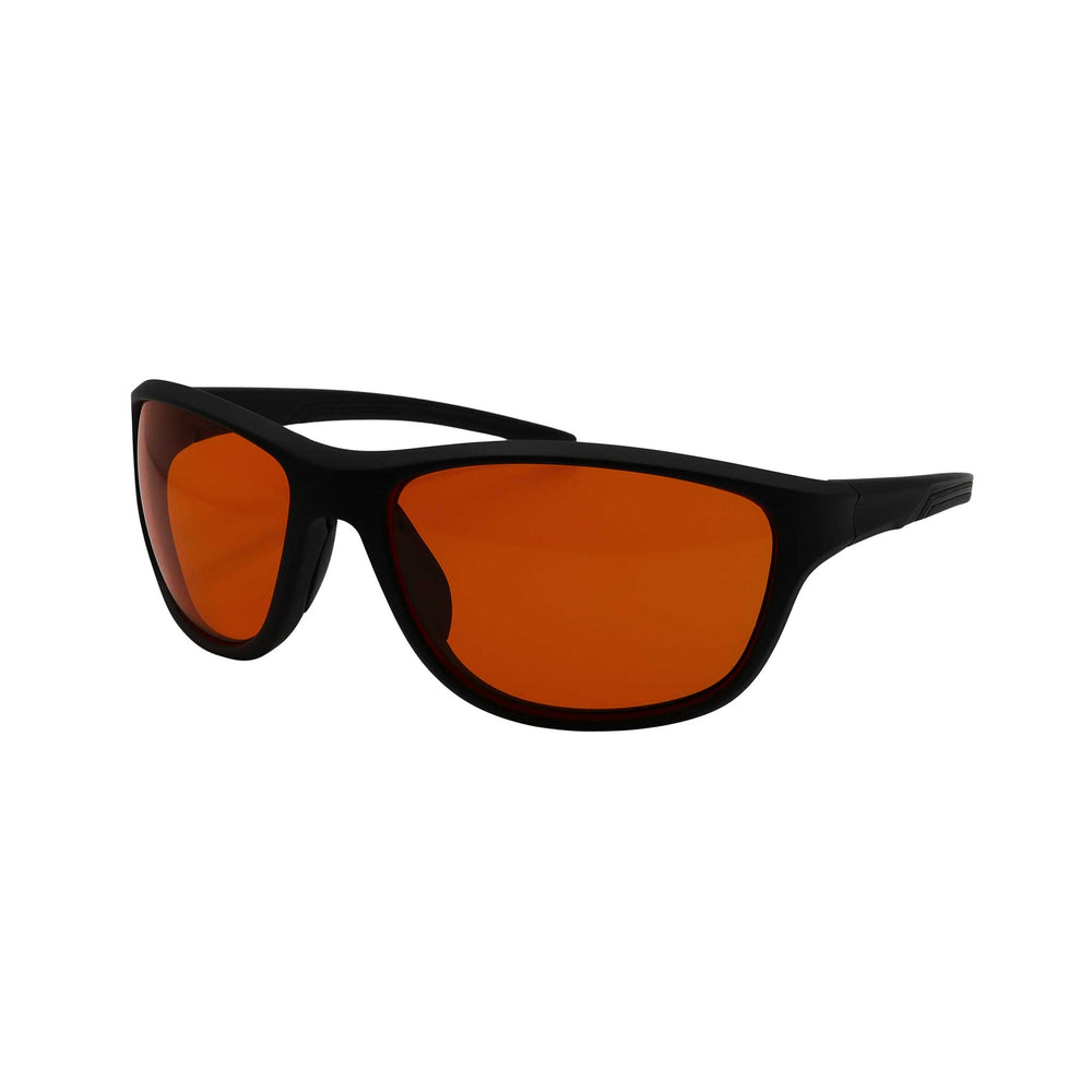 Side angled view of RNIB wraparound eyeshield glasses with black frames and orange tinted lenses.