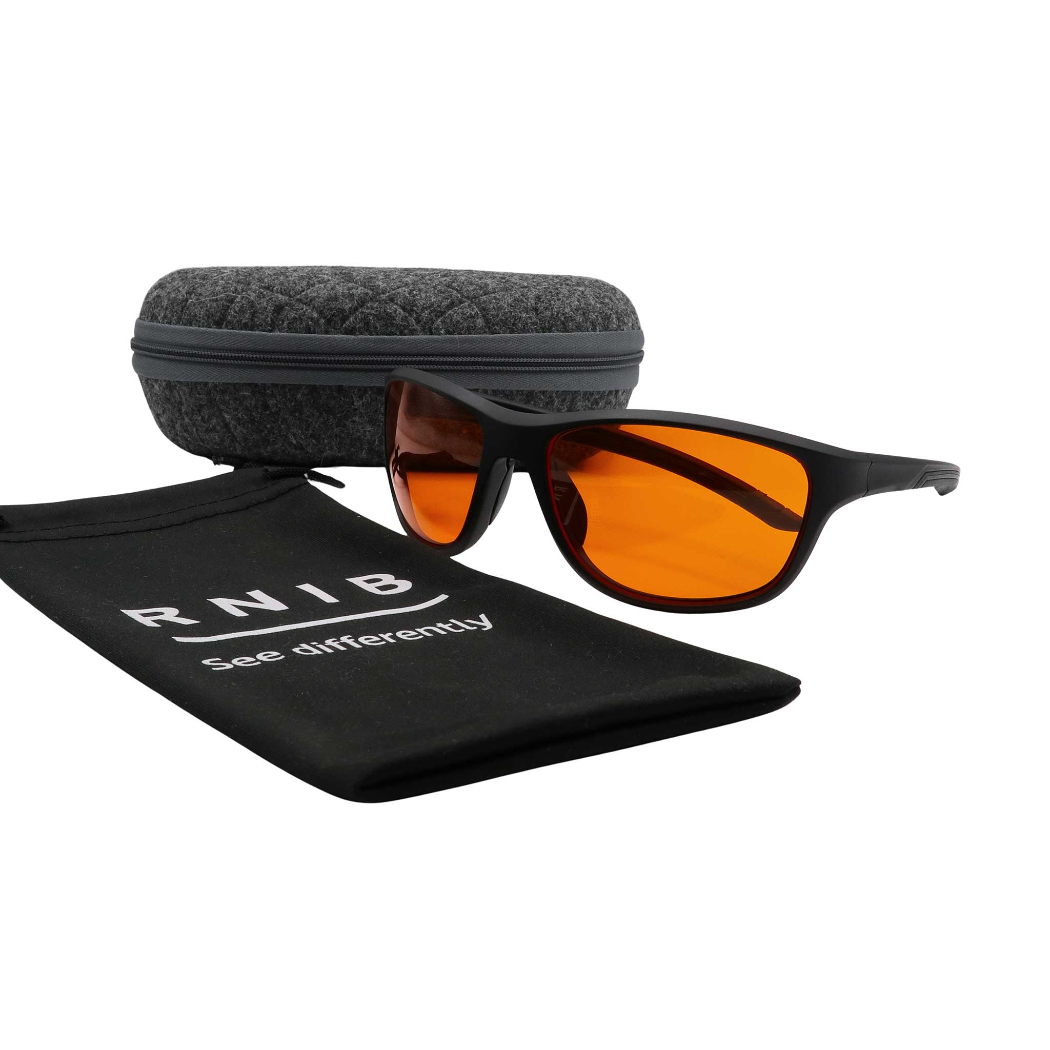 Eyeshiedls with orange lenses and a carrying case on a white background, featuring the RNIB logo.