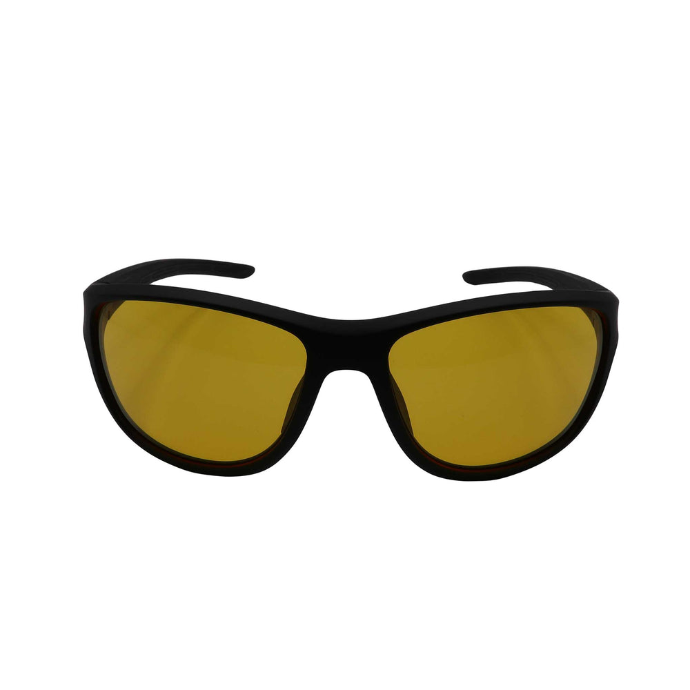 RNIB wraparound eyeshield glasses with black frames and yellow tinted lenses.
