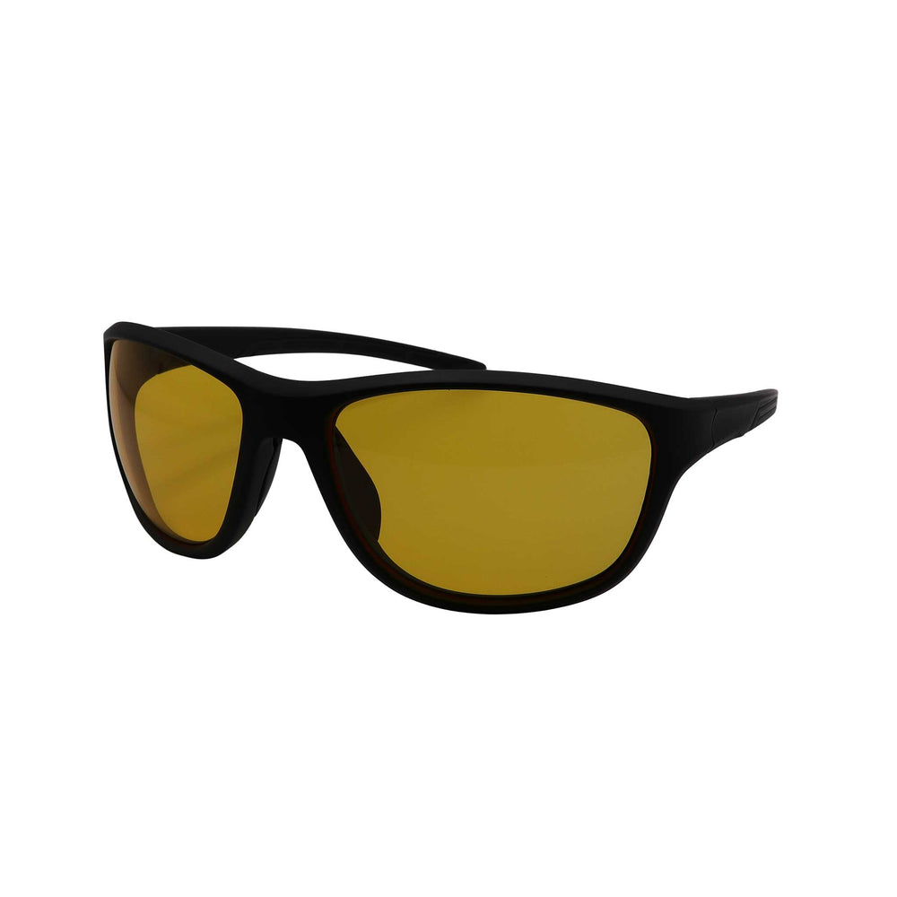 Side angled view of RNIB wraparound eyeshield glasses with black frames and yellow tinted lenses.