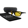Eyeshiedls with yellow lenses and a carrying case on a white background, featuring the RNIB logo.