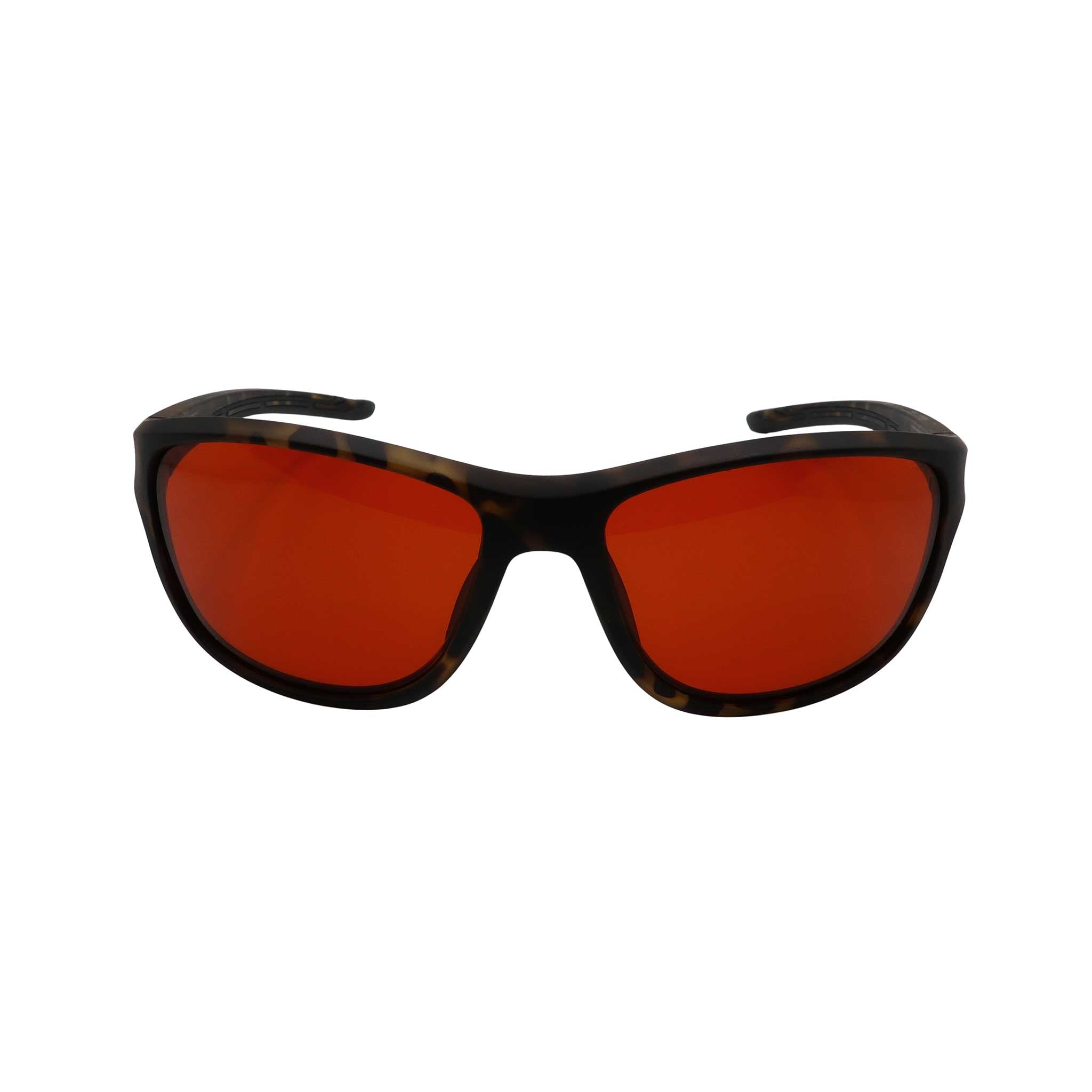 RNIB wraparound eyeshield glasses with brown tortoiseshell frames and amber tinted lenses