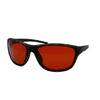Side angled view of RNIB wraparound eyeshield glasses with brown tortoiseshell frames and amber tinted lenses