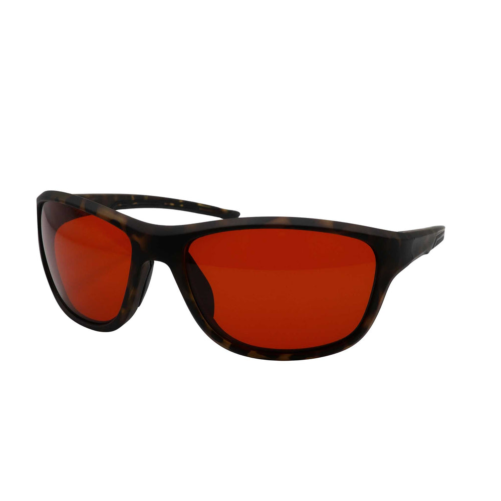 Side angled view of RNIB wraparound eyeshield glasses with brown tortoiseshell frames and amber tinted lenses
