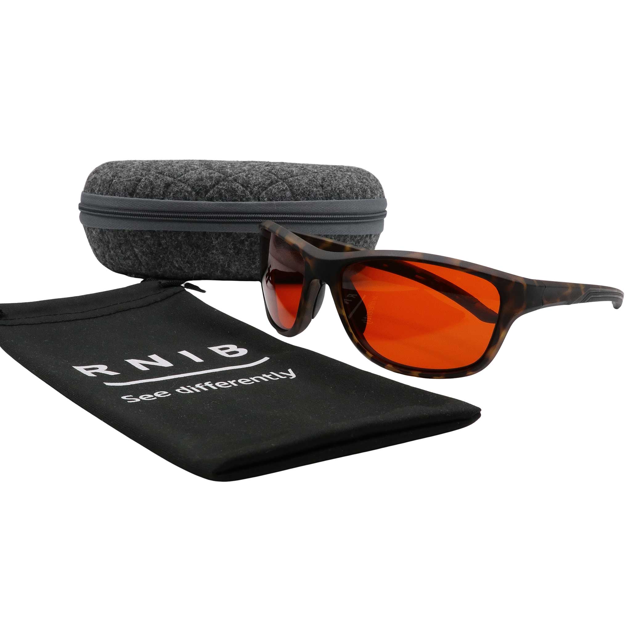 Eyeshiedls with amber lenses and a carrying case on a white background, featuring the RNIB logo.