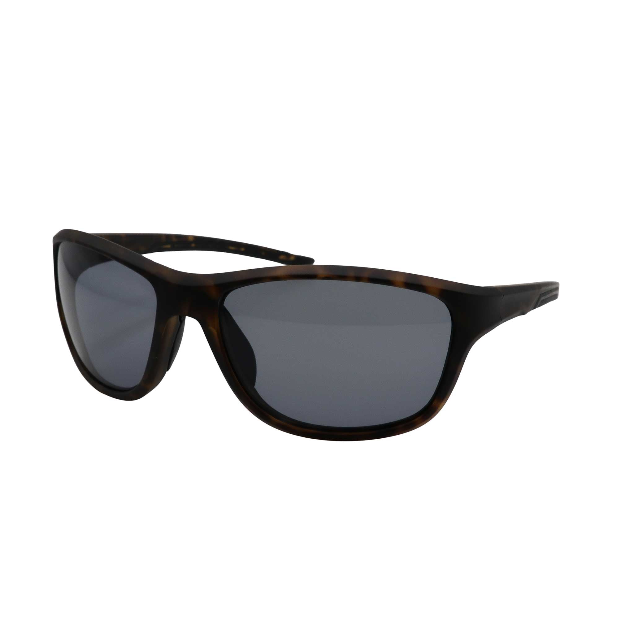 Side angled view of RNIB wraparound eyeshield glasses with brown tortoiseshell frames and grey tinted lenses