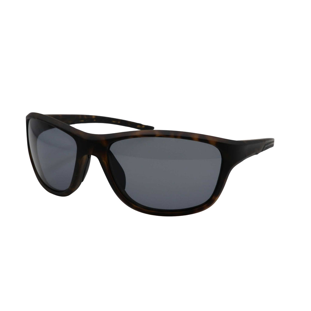 Side angled view of RNIB wraparound eyeshield glasses with brown tortoiseshell frames and grey tinted lenses