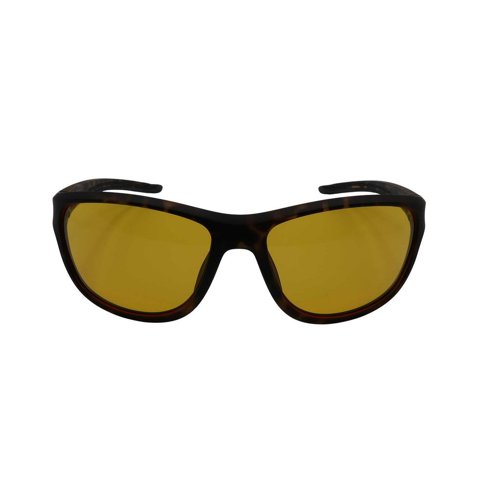 RNIB wraparound eyeshield glasses with brown tortoiseshell frames and yellow tinted lenses
