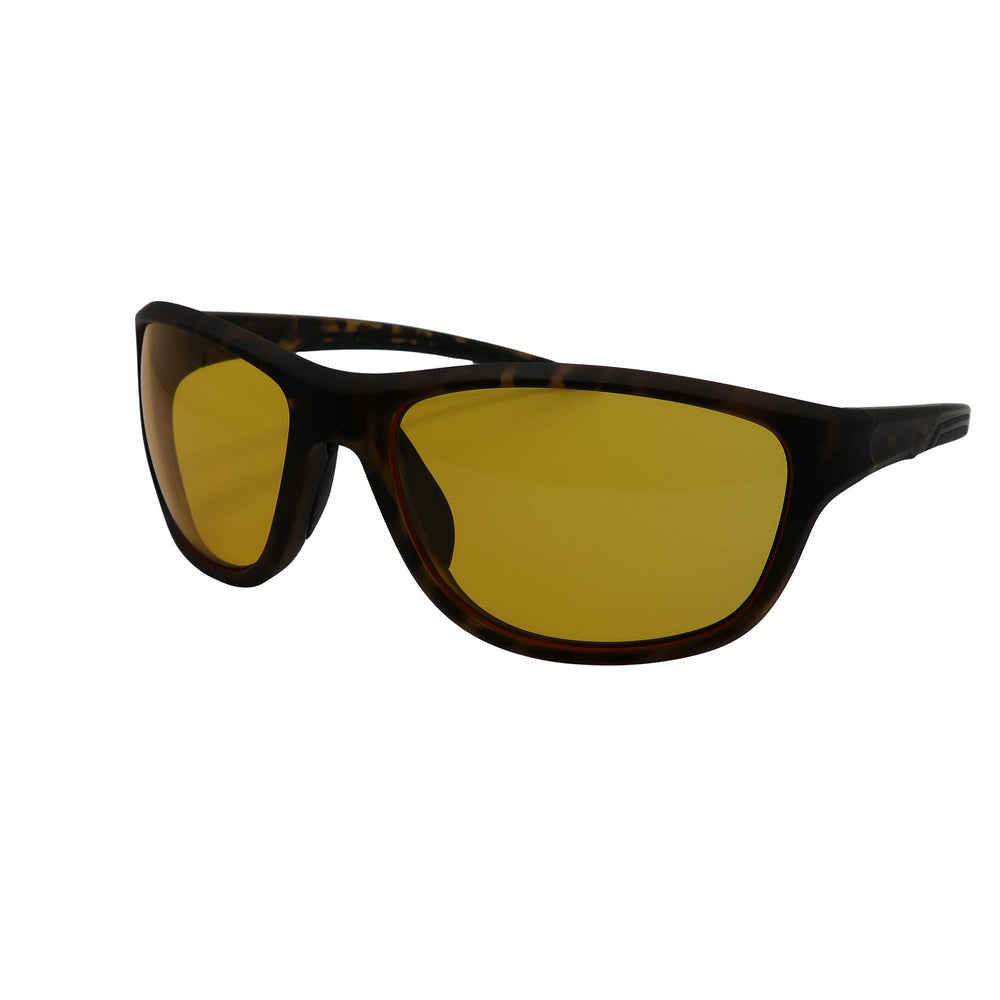 Side angled view of RNIB wraparound eyeshield glasses with brown tortoiseshell frames and yellow tinted lenses