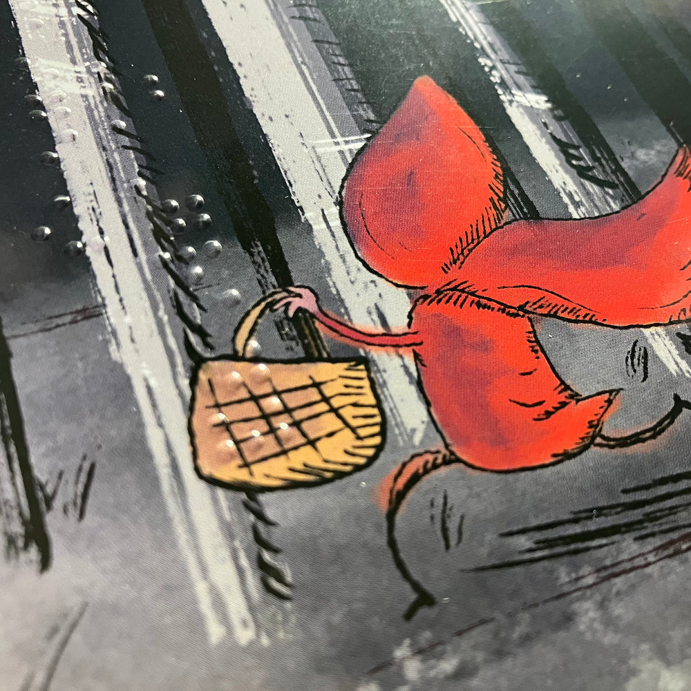 Close-up of the book cover showing the braille title and a small figure in a red hood running in a dark forest.