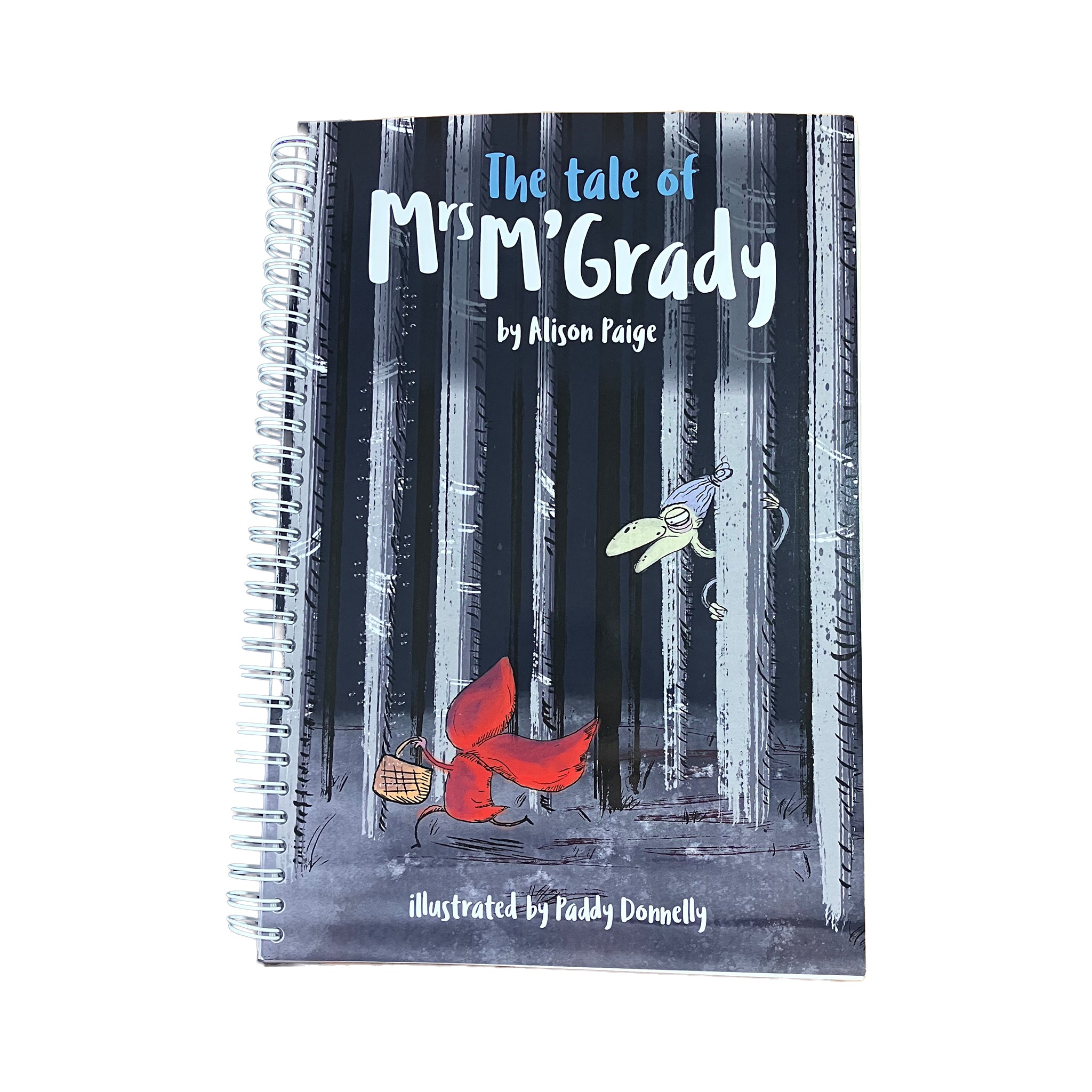 Front cover of The "Tale of Mrs M'Grady" showing a small red figure running through a dark forest.