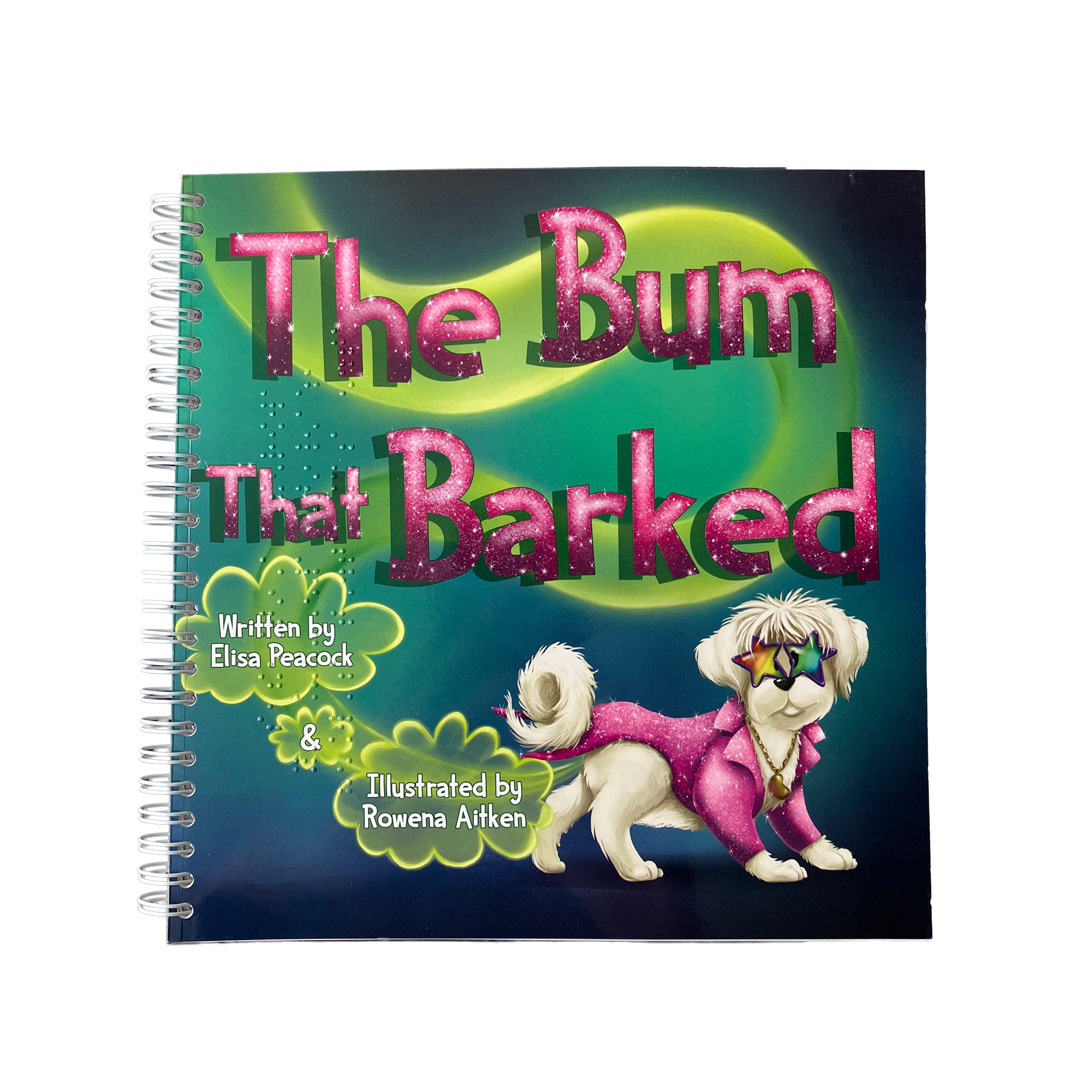 Book cover of 'The Bum That Barked' with a dog illustration on a blue background