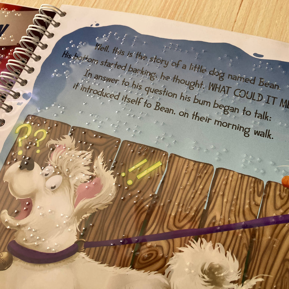 Close-up of clear braille sheet over original illustrated page.