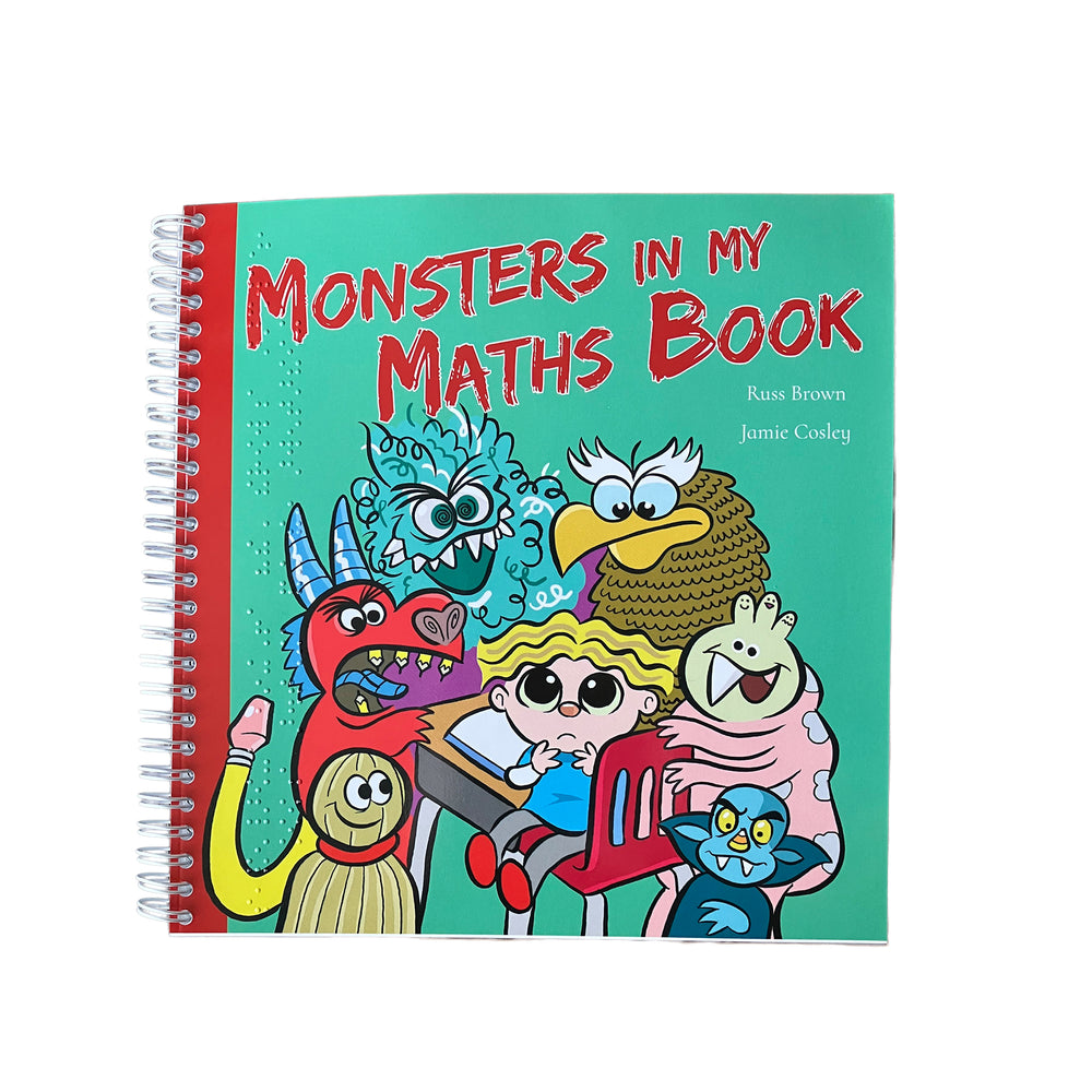 Book cover of 'Monsters in My Maths Book' with colorful monster illustrations on a green background.