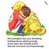 A page from the book, it has an illustration of a boy hugging a dog with text underneath on a white background.