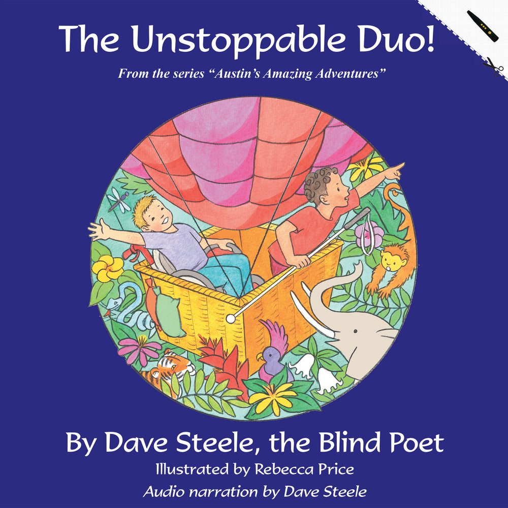 Book cover of 'The Unstoppable Duo!' with colorful illustration of two children in a hot air balloon.