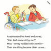Cartoon of a child in a wheelchair and another child sitting at a table with books and pencils.