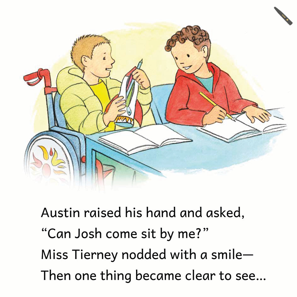 Cartoon of a child in a wheelchair and another child sitting at a table with books and pencils.