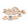 A jumble of colourful alphabet braille tiles on a white background