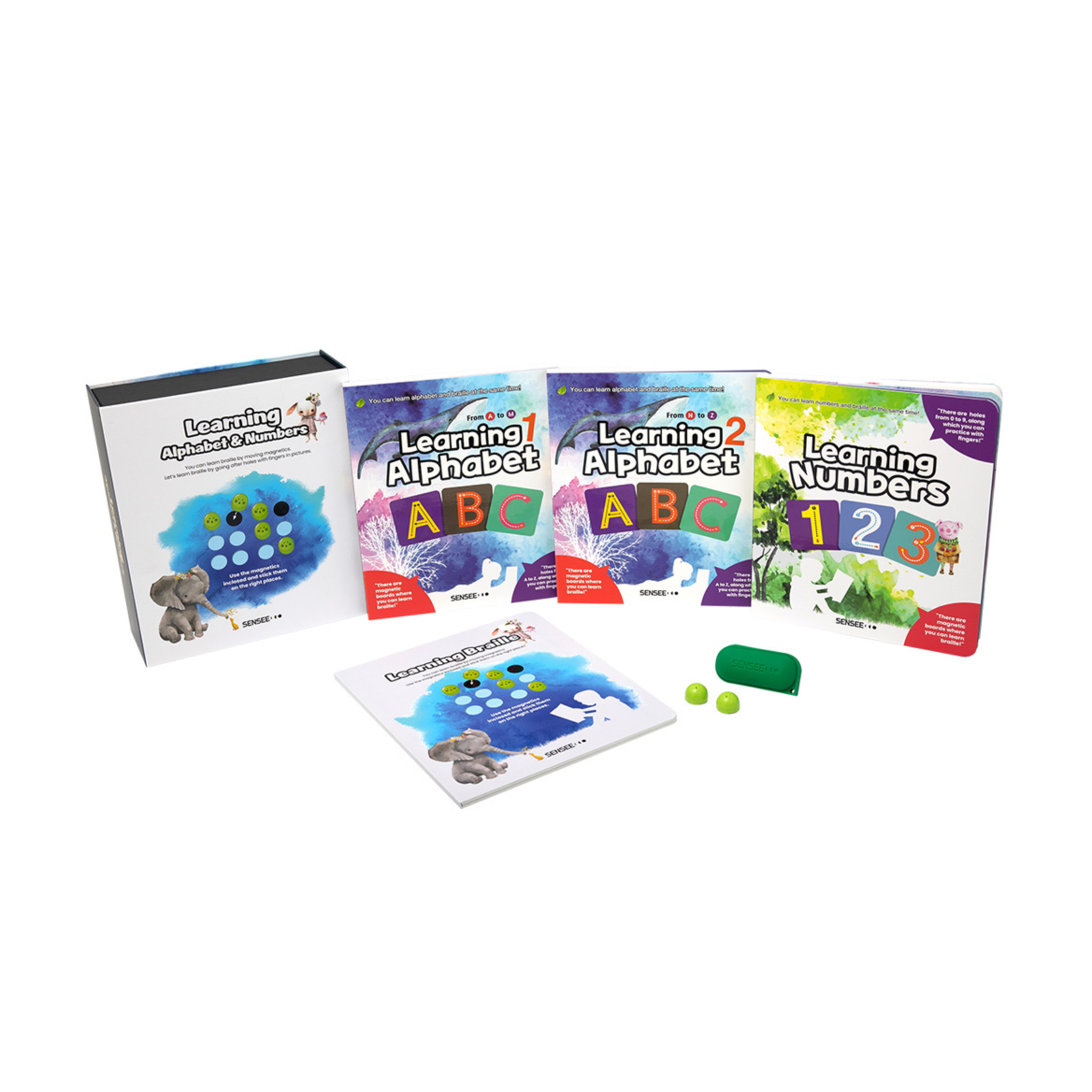 All parts of the Sensee braille learning kit against a white background