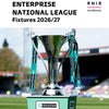 Image shows a silver trophy on a green stand, with a green ribbon tied around each handle  with Enterprise branding on the platform and the ribbons