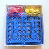 Connect four blue frame with red and yellow counters inside the white lower half of the box.