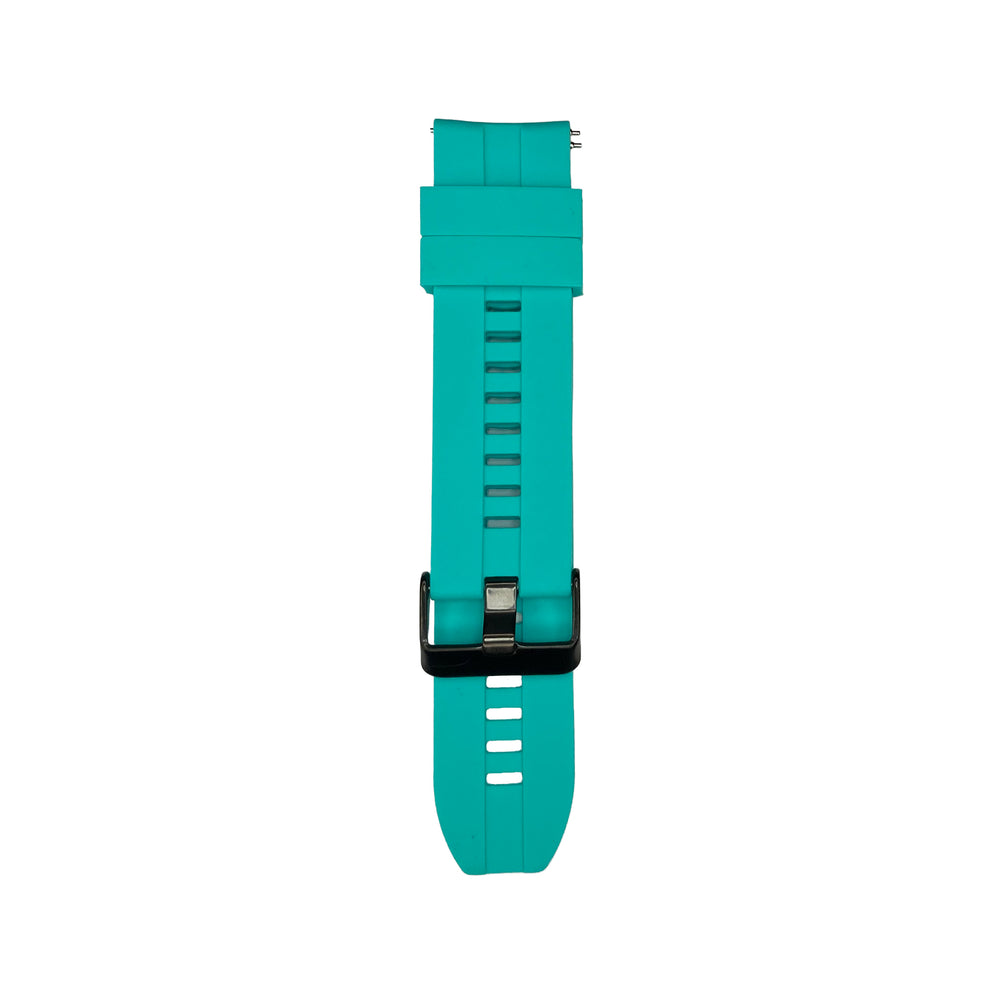 Turquoise silicone strap for Synapptic smartwatch on a white background