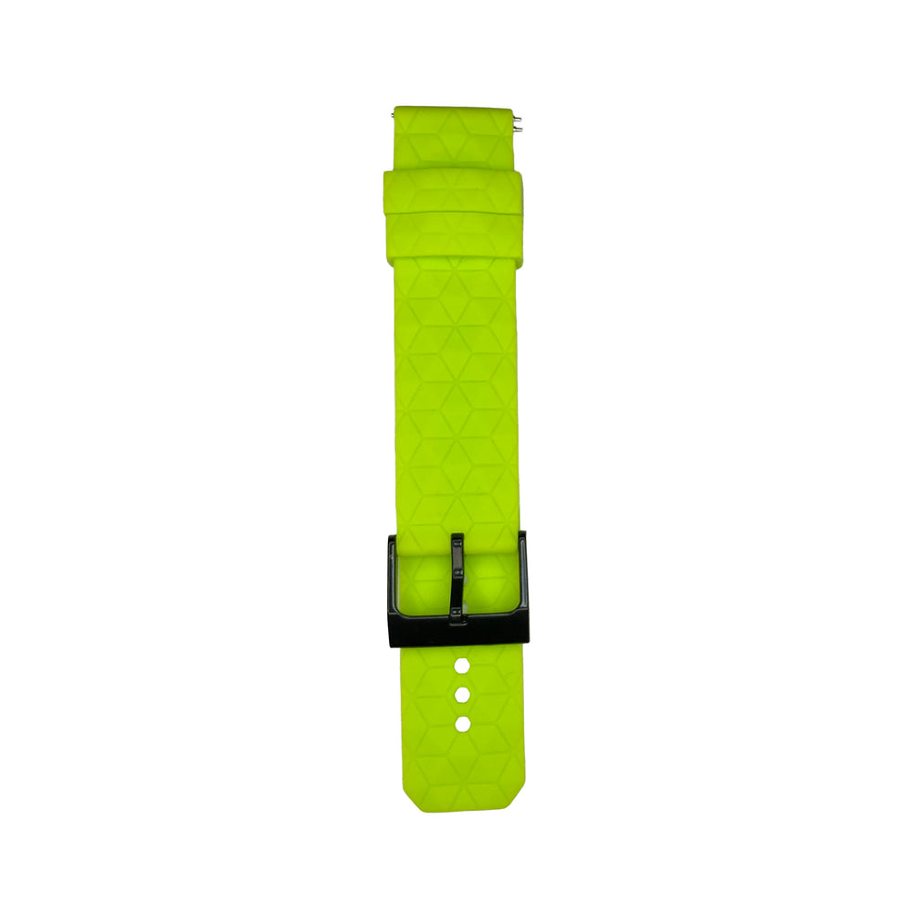 Neon green silicone strap for Synapptic smartwatch on a white background