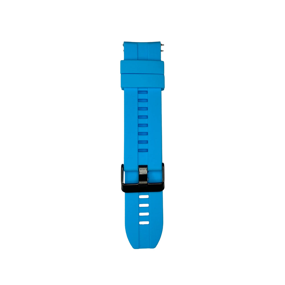 Sky blue silicone strap for Synapptic smartwatch on a white background